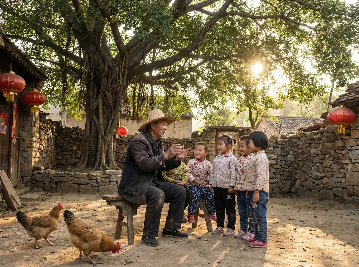 老人在大榕树下给孩子们讲故事 - 做剧烈运动打扑克的视频大全 乡村记忆